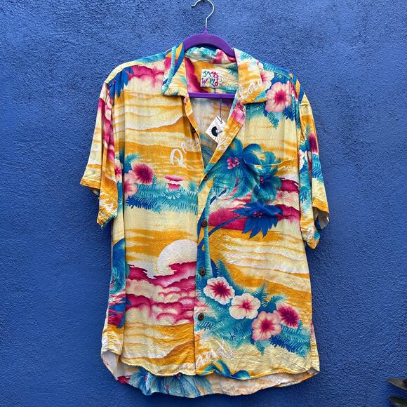 vintage 80s jams world tropical print rayon button up - Picture 1 of 4